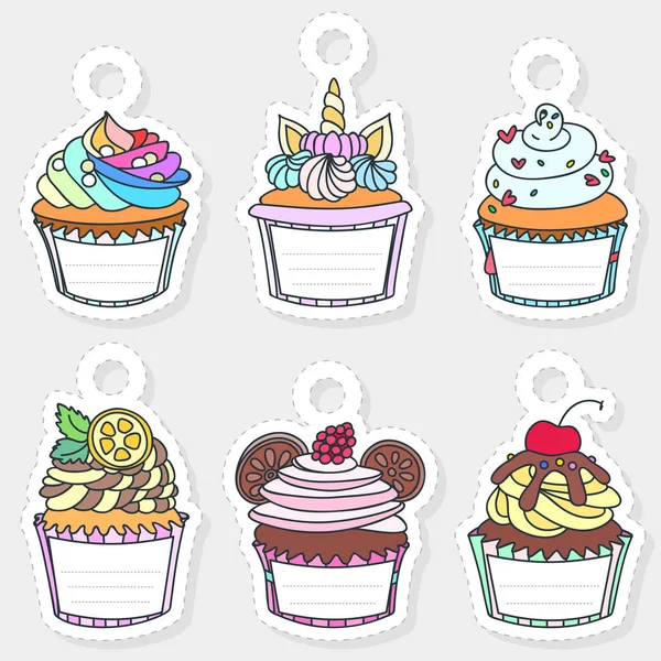 Jolies Étiquettes Cadeaux Ensemble Étiquettes Cadeaux Forme Cupcakes Décorés Crème — Image vectorielle