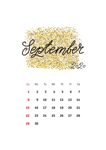 Settembre Calendario Parete 2020 Modello Con Disegno Mano Lettering Nome — Vettoriale Stock