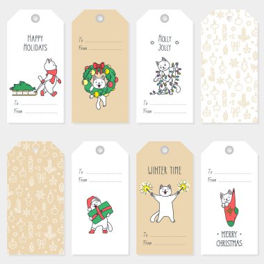 Kış tatili için hediye etiketleri. Şirin kediler Noel için hazırlanıyor. Mevsimlik rozet tasarımı. Vektör 8 eps.