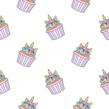 Keklerle şirin bir desen. Tek boynuzlu boynuzlar ve beyaz arka planda kremayla süslenmiş el çizimi kek deseni. Vektör 8 Eps.