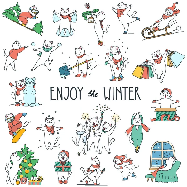 Aproveite Inverno Doodle Ilustração Gatos Brancos Bonitos Desfrutando Inverno Objetos —  Vetores de Stock