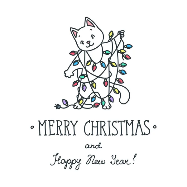 メリークリスマスとハッピーニューイヤー 冬休みグリーティングカード クリスマスライトを設置しようとして面白い白い子猫の手描きイラスト ベクトル8 Eps — ストックベクタ