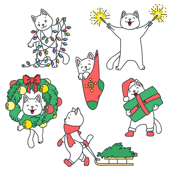 Χειμωνιάτικες Γάτες Εικονογράφηση Των Χαριτωμένων Γάτες Προετοιμασία Για Χριστούγεννα Χειροποίητα — Διανυσματικό Αρχείο