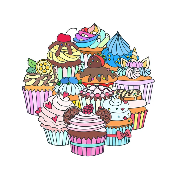 Kreis Hintergrund Der Cupcakes Mit Sahne Erdbeere Herzen Minze Zitrusfrüchte — Stockvektor
