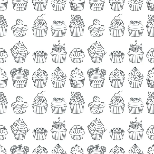 Motif Avec Des Cupcakes Fond Noir Blanc Dessiné Main Cupcakes — Image vectorielle