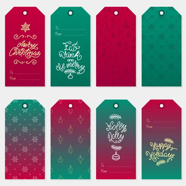 クリスマスのギフトタグのセット 冬の手描きのレタリングやクリスマスの装飾のドアの装飾とギフトタグ 季節のバッジデザイン ベクトル8エプス — ストックベクタ