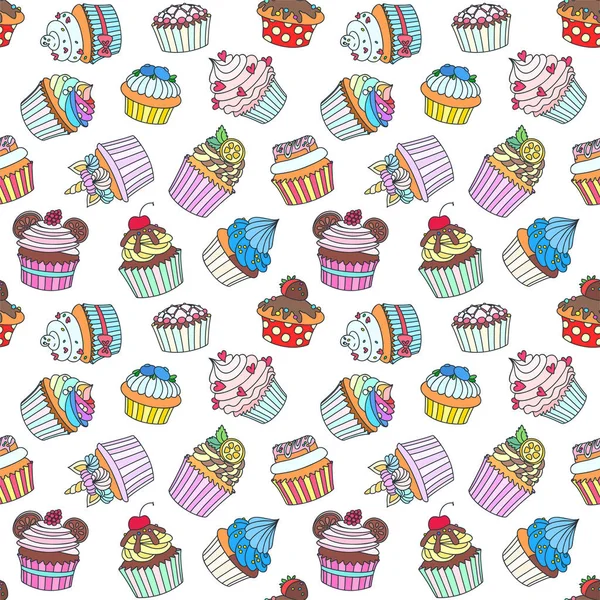 Pattern Cupcakes Hand Drawn Background Cupcakes Decorated Cream Raspberry Hearts — Stock Vector