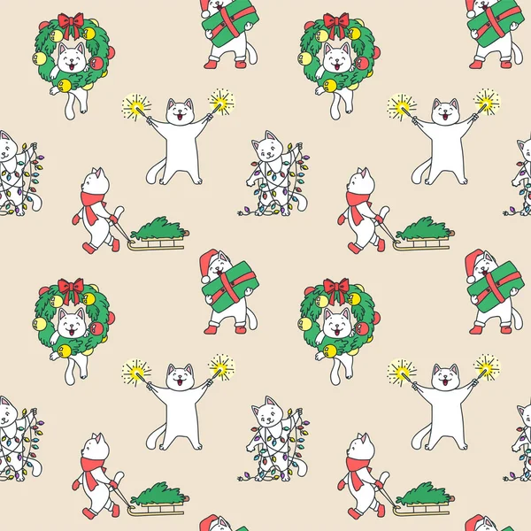 Winter Holiday Pattern Cute Seamless Pattern Funny White Cats Preparing — Stock Vector