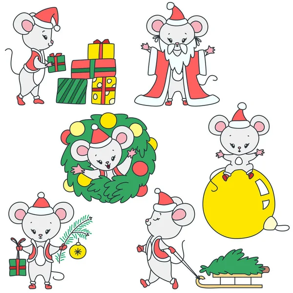 Set Mouse Invernale Illustrazione Simpatico Topolino Costume Babbo Natale Enoying — Vettoriale Stock