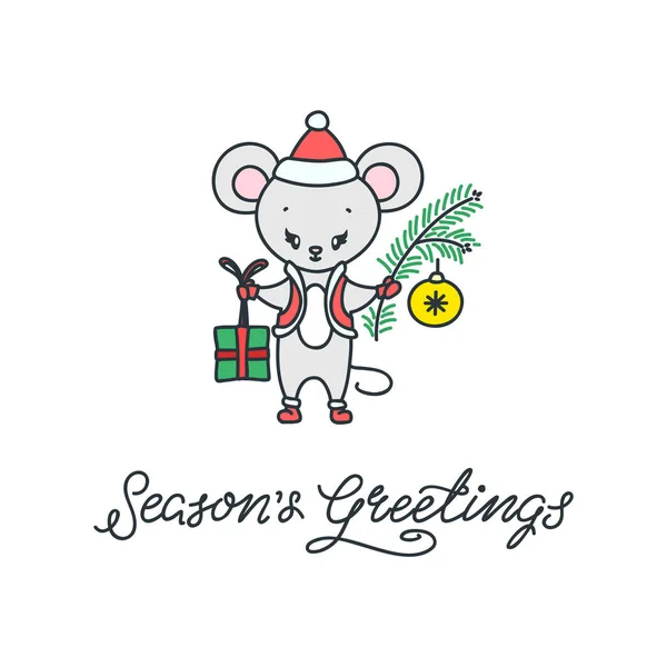 Season Greetings Winter Holiday Greeting Card Hand Drawn Illustration Cute — Stock Vector