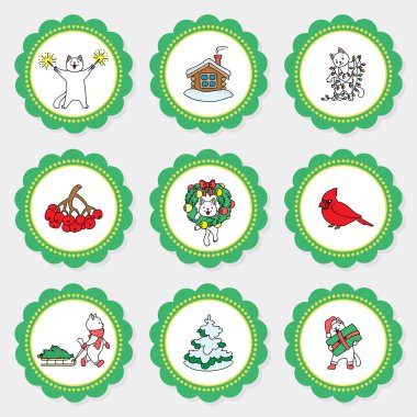 Noel çörekleri. Noel partisi için üzerinde kış tatilinin tadını çıkaran sevimli kedi yavrularının karalama çizimleri olan kek üstlüleri. Vektör 8 Eps.