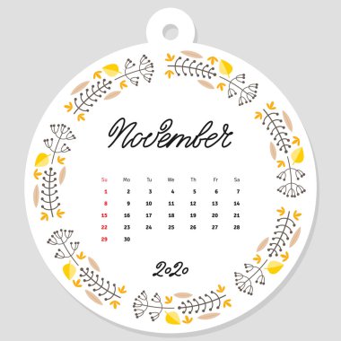 Kasım takvimi 2020. Takvim şablonu, güzel çiçek çemberi çerçevesinin arka planında yılın aylarının el yazısıyla süslenmiş. Vektör illüstrasyonu 8 Eps.