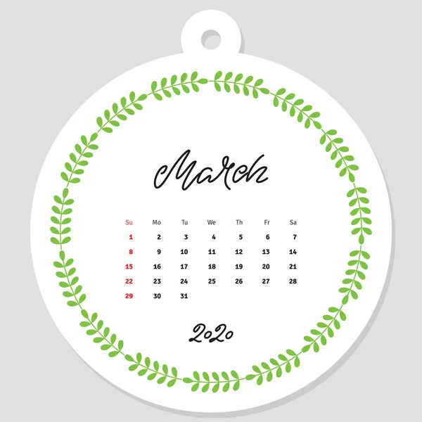 März Kalender 2020 Kalendervorlage Mit Handgeschriebenem Namen Der Monate Des — Stockvektor