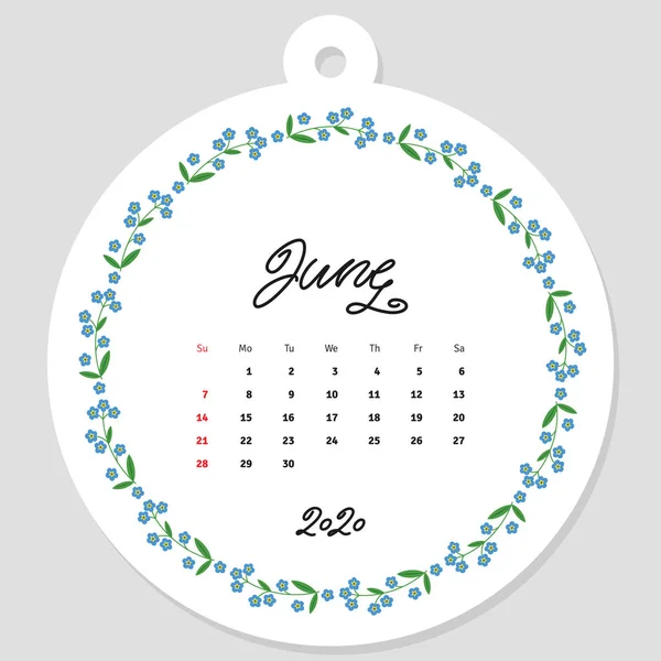Июнь 2020 Года Шаблон Календаря Украшенный Рукописным Названием Месяца Года — стоковый вектор