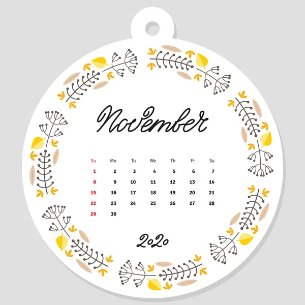 Kasım takvimi 2020. Takvim şablonu, güzel çiçek çemberi çerçevesinin arka planında yılın aylarının el yazısıyla süslenmiş. Vektör illüstrasyonu 8 Eps.