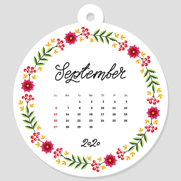Ημερολόγιο Σεπτεμβρίου 2020 Πρότυπο Ημερολόγιο Διακοσμημένο Χειρόγραφη Ονομασία Των Μηνών — Διανυσματικό Αρχείο