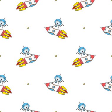 Güzel kozmik desen. Beyaz arka planda uzay gemisine binen komik kedi astronotların el çizimleri. Vektör 8 Eps.