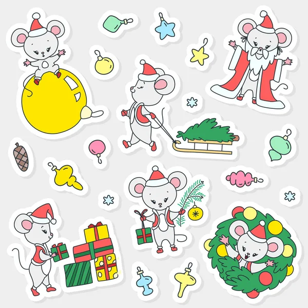 Set Von Niedlichen Weihnachtsaufklebern Illustration Der Kleinen Maus Weihnachtsmann Kostüm — Stockvektor