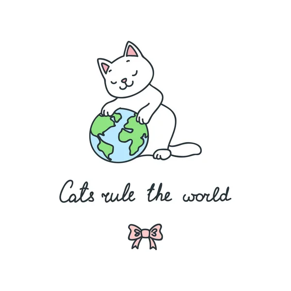 Cats Rule World Hand Drawn Illustration Funny Cat Plaing Globe — 스톡 벡터