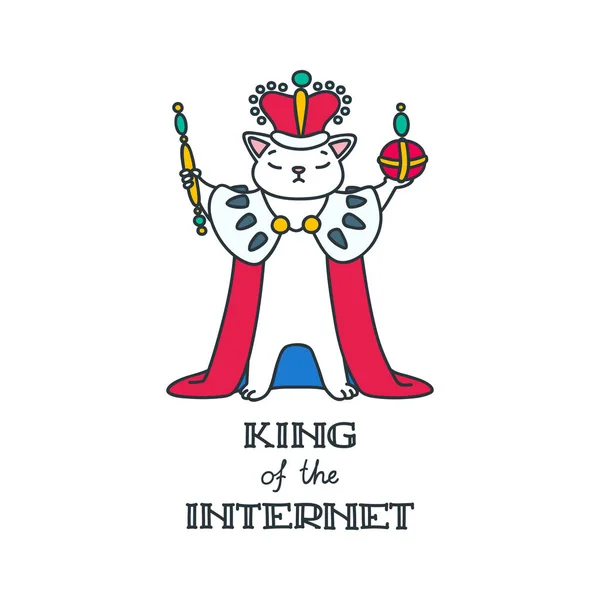 King Internet Hand Drawn Illustration Funny Cat Dressed King Costume — 스톡 벡터