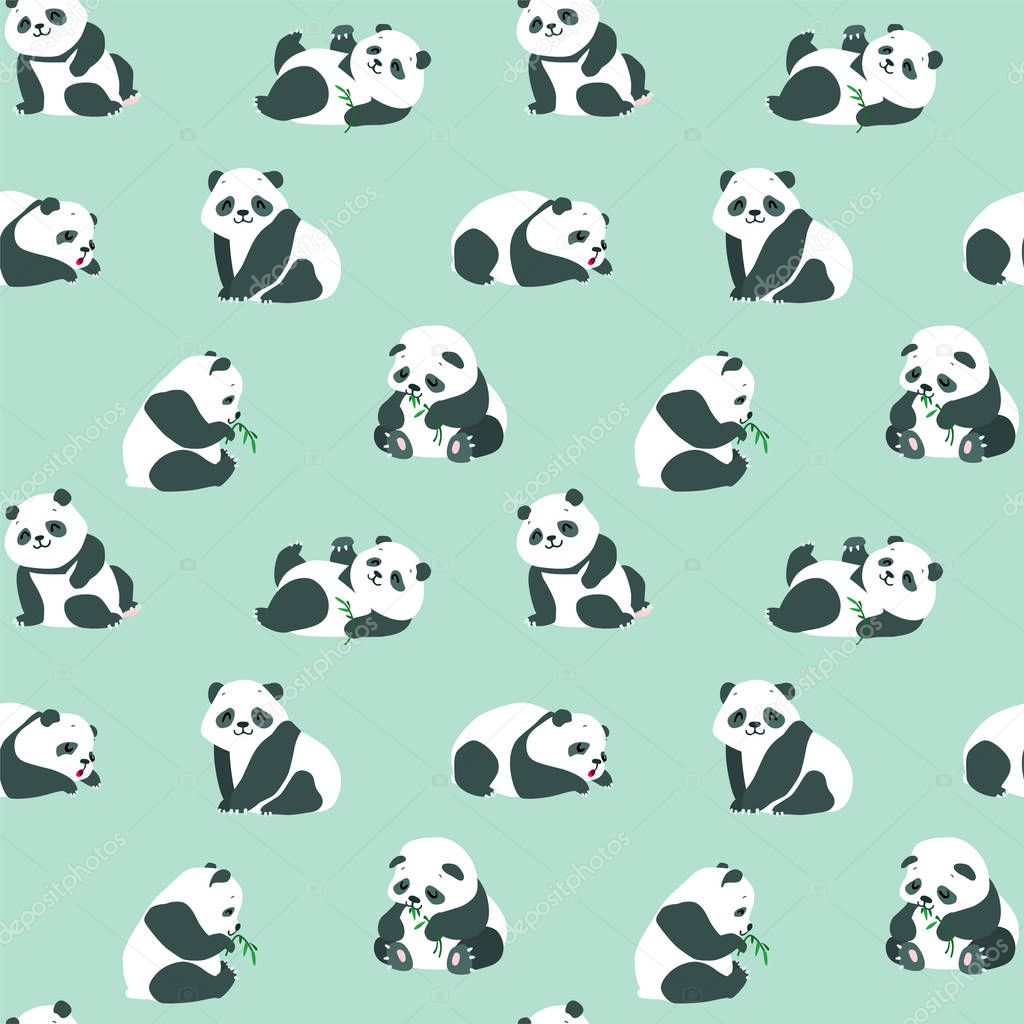 Animal background. Seamless pattern with cute baby pandas on green background. Vector 8 EPS.