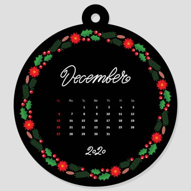 Aralık takvimi 2020. Takvim şablonu, güzel çiçek çemberi çerçevesinin arka planında yılın aylarının el yazısıyla süslenmiş. Vektör illüstrasyonu 8 Eps.