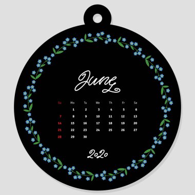 Haziran takvimi 2020. Takvim şablonu, güzel çiçek çemberi çerçevesinin arka planında yılın aylarının el yazısıyla süslenmiş. Vektör illüstrasyonu 8 Eps.