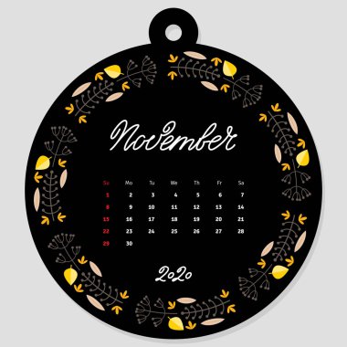 Kasım takvimi 2020. Takvim şablonu, güzel çiçek çemberi çerçevesinin arka planında yılın aylarının el yazısıyla süslenmiş. Vektör illüstrasyonu 8 Eps.