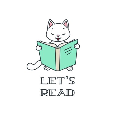 Hadi okuyalım. Kitap okuyan sevimli beyaz bir kedinin karalama çizimi. Vektör 8 Eps.