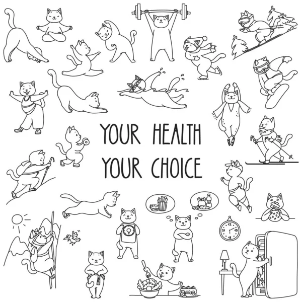 Sağlığınız sizin seçiminiz. Sağlıklı yaşam stili çıkartmaları. Komik kedilerin fiziksel aktivitelerden ve sağlıklı yiyeceklerden zevk aldıklarının karalama çizimi. Vektör 8 Eps.