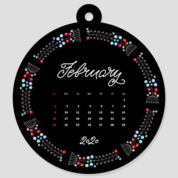 Calendario Febrero 2020 Plantilla Calendario Decorada Con Nombre Con Letras — Vector de stock