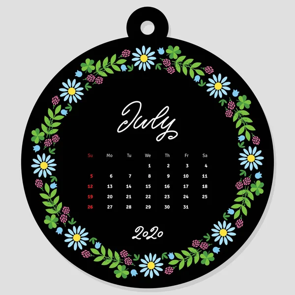 Červenec 2020 Šablona Kalendáře Zdobená Ručně Psaným Názvem Měsíce Roku — Stockový vektor