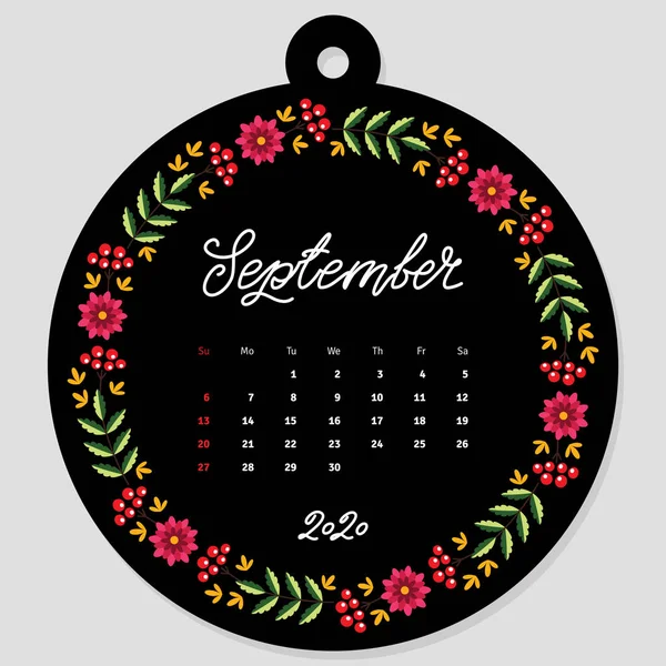 Calendario Septiembre 2020 Plantilla Calendario Decorada Con Nombre Con Letras — Vector de stock