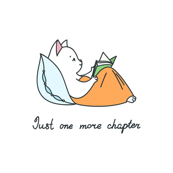 Sadece bir bölüm daha. Yatakta uzanmış kitap okuyan sevimli beyaz bir kedinin karalama çizimi. Vektör 8 Eps.