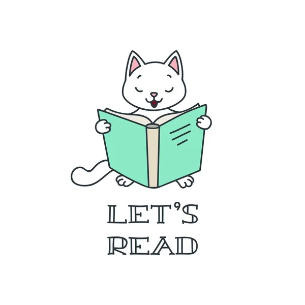 Mal Nachlesen Doodle Illustration Einer Niedlichen Weißen Katze Beim Lesen — Stockvektor