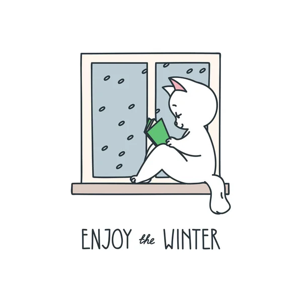Enjoy Winter Doodle Illustration Cute White Cat Sitting Window Reading — 스톡 벡터
