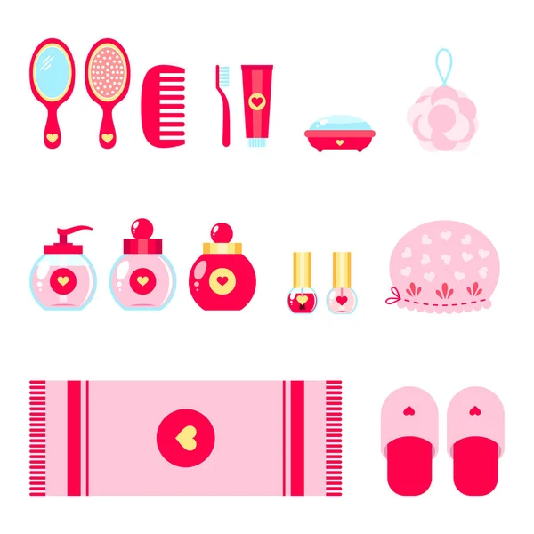 Set Bath Beauty Care Accessories Cute Design Elements Flat Cartoon — Stock Vector