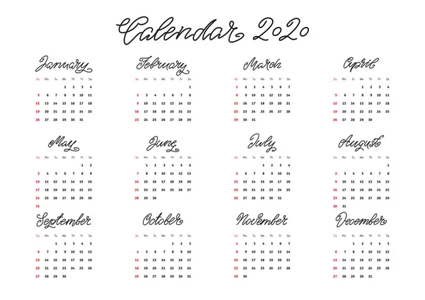 Vorlage Für Den Monatlichen Kalender 2020 Wandkalender Mit Handgezeichnetem Schriftzug — Stockvektor