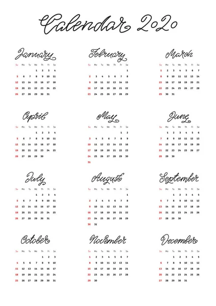 Modelo Calendário Mensal 2020 Calendário Com Mão Desenho Letras Nomes — Vetor de Stock