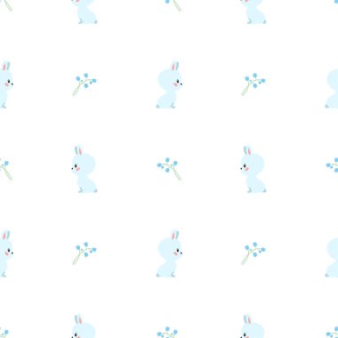 Spring background. Seamless pattern of cute white rabbits and lillies of valley on white background. Illustration in flat style. Vector 8 EPS.