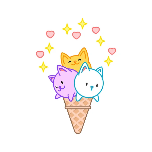 Cute Cat Ice Cream Illustration Sparkling Ice Cream Looks Three — Stok Vektör