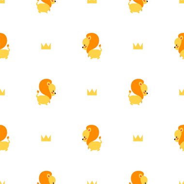 Hoş bir arka plan. Beyaz arka planda küçük aslanlar ve altın taçlarla kusursuz bir desen. Düz bir tasvir. Vektör 8 Eps.