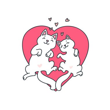 Aşık komik kediler. Sevimli beyaz kedilerin pembe bir kalbin üzerinde yatışının tasviri. Sevgililer Günü kartı şablonu. Vektör 8 Eps