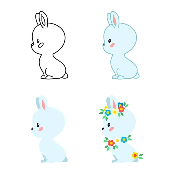 Маленький Кролик Иллюстрации Милых Кроликов Черно Белый Очертаниями Плоский Украшенный — стоковый вектор
