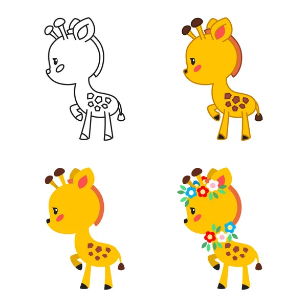 Kleine Giraffe Abbildungen Von Niedlichen Giraffen Schwarz Weiß Umrissen Flach — Stockvektor