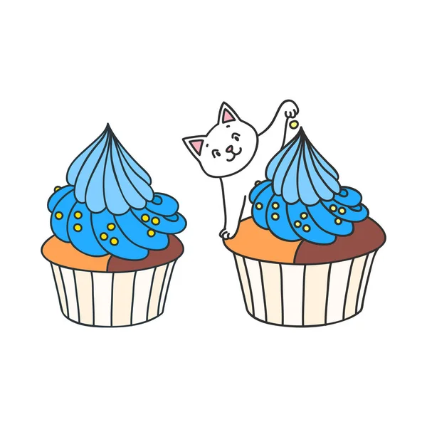 Cupcake Und Kätzchen Nette Illustration Eines Mit Blauer Sahne Verzierten — Stockvektor