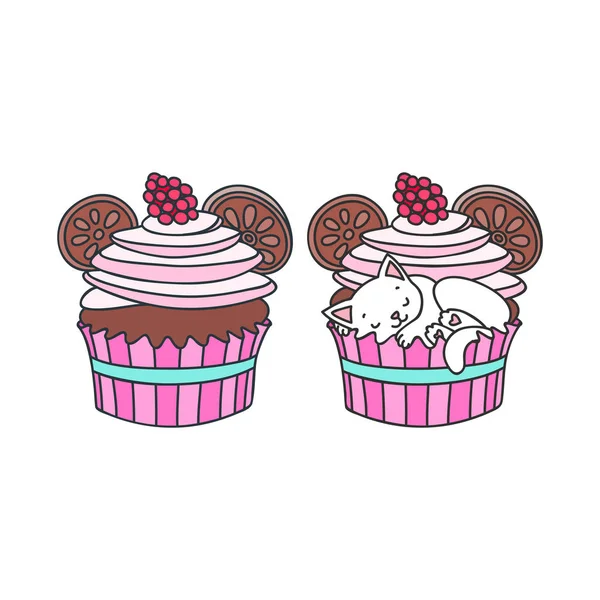 Cupcake Och Kattunge Söt Illustration Hallon Cupcake Och Liten Vit — Stock vektor