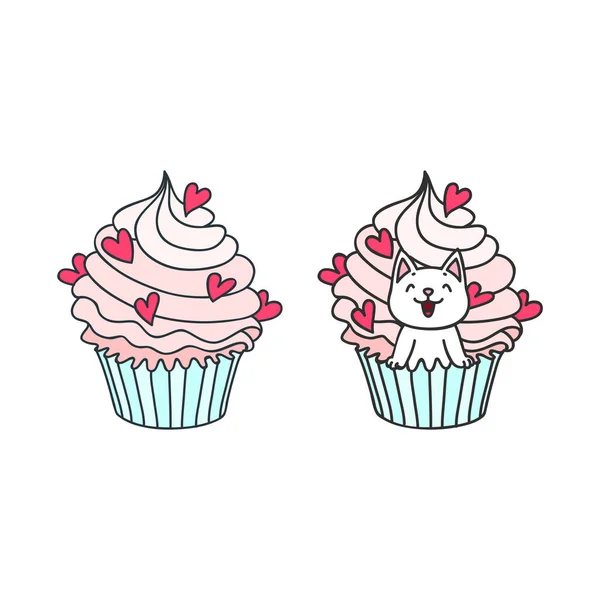 Cupcake Och Kattunge Söt Illustration Krämig Cupcake Dekorerad Med Hjärtan — Stock vektor