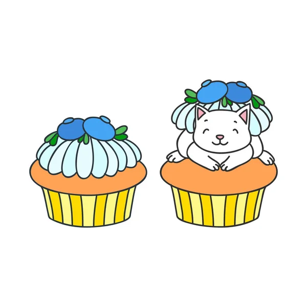 Cupcake Gattino Graziosa Illustrazione Cupcake Mirtilli Piccolo Gattino Bianco Seduto — Vettoriale Stock