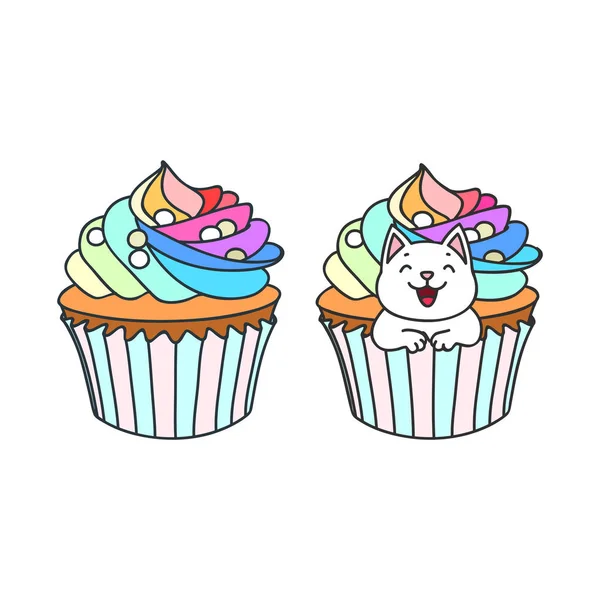 Cupcake Gattino Graziosa Illustrazione Cupcake Arcobaleno Piccolo Gattino Bianco Seduto — Vettoriale Stock
